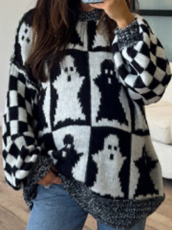 Shop Talulah Sweaters - Black & White Ghost-Check Knit Crewneck Sweater